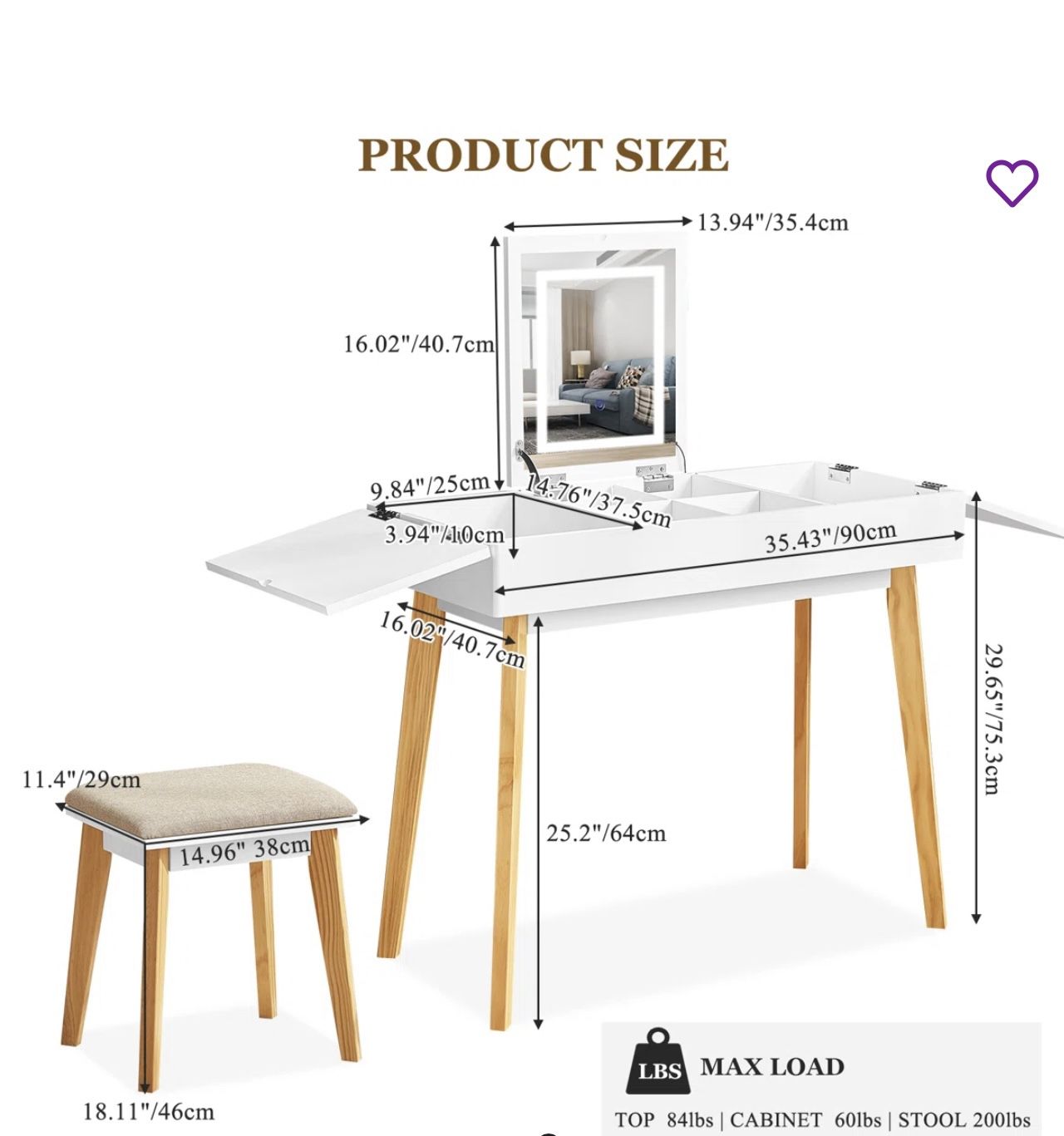 ✨ Vanity Table with LED Mirror + Stool – $180 (Like New!) ✨
