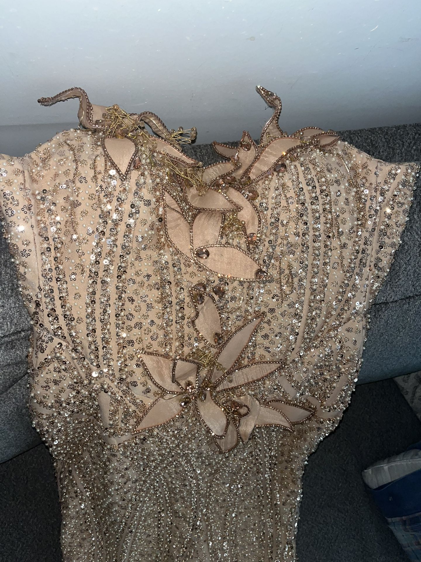 Glamorous Champagne Gold Beaded Gown – Handcrafted Elegance