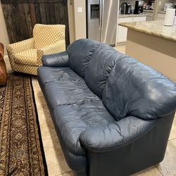 Real Leather Sofa, Chair, And Ottoman Set (Blue)