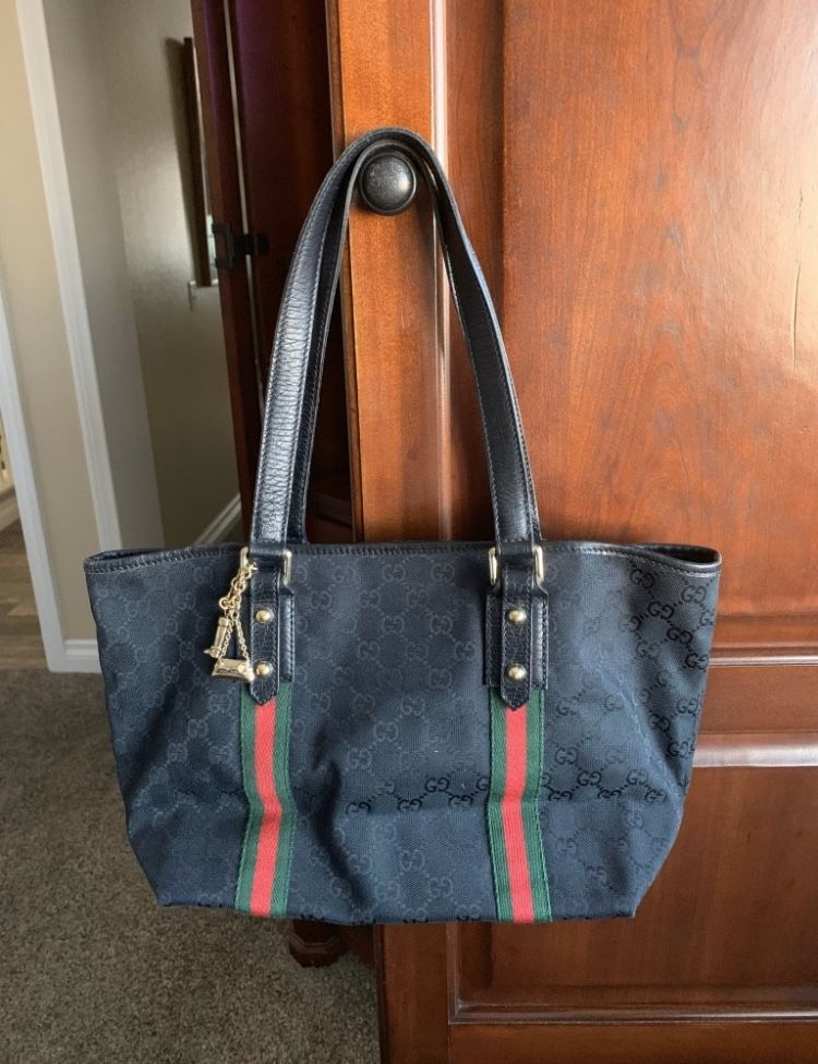 Gucci black and red leather tote bag
