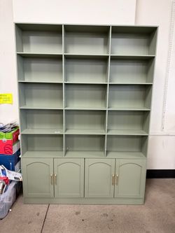 Homfa 5-Tier Triple Wide Bookcase with 4 Doors, 15 Cubes Bookcase with 2 Cabinets for Study Living Room Home Office, Green