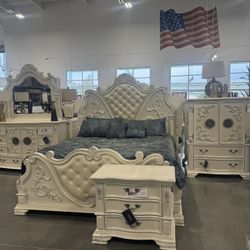 Includes: Headboard, Footboard, Side Rails, Dresser, Mirror, Nightstand. 
