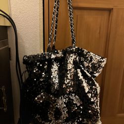 Black Square Bag Glamorous Sequin Decor Chain PU