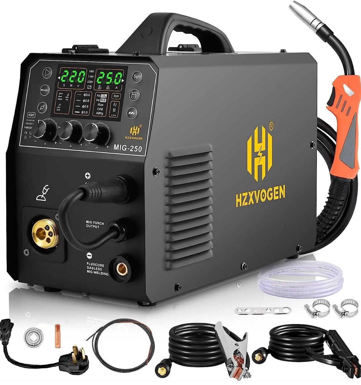 HZXVOGEN Aluminum Welder, 200A MIG Welder 110V/220V, 5 IN 1 Gas/Flux core MIG/Pulse/Lift TIG/Stick Welding Machine Synergy Aluminum Welder Machine Wit