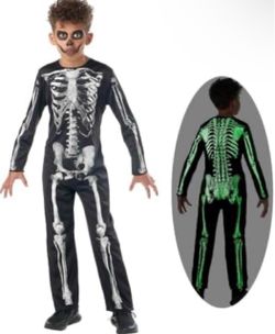 Kids Halloween Skeleton Costumes Glow in The Dark White Bones Stretch Body Suit Kids Small