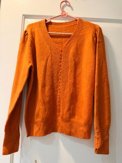 Orange Knit V-Neck Sweater with Pearl Detail