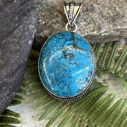 Large Natural Turquoise Gemstone Silver Pendant#25275