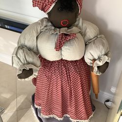 Vintage 3 Foot Tall Black Rag Doll On Fruit Basket Aunt Jemima Era