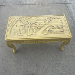 Chinese Wooden Carved Glass Top Coffee Table