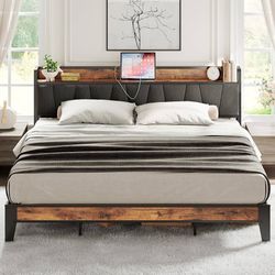 King Size Bed Frame with Storage Headboard and Charging Station Vintage Brown and Gray Upholstered Platform Bed Frame, Sturdy Noise-Free Metal Support