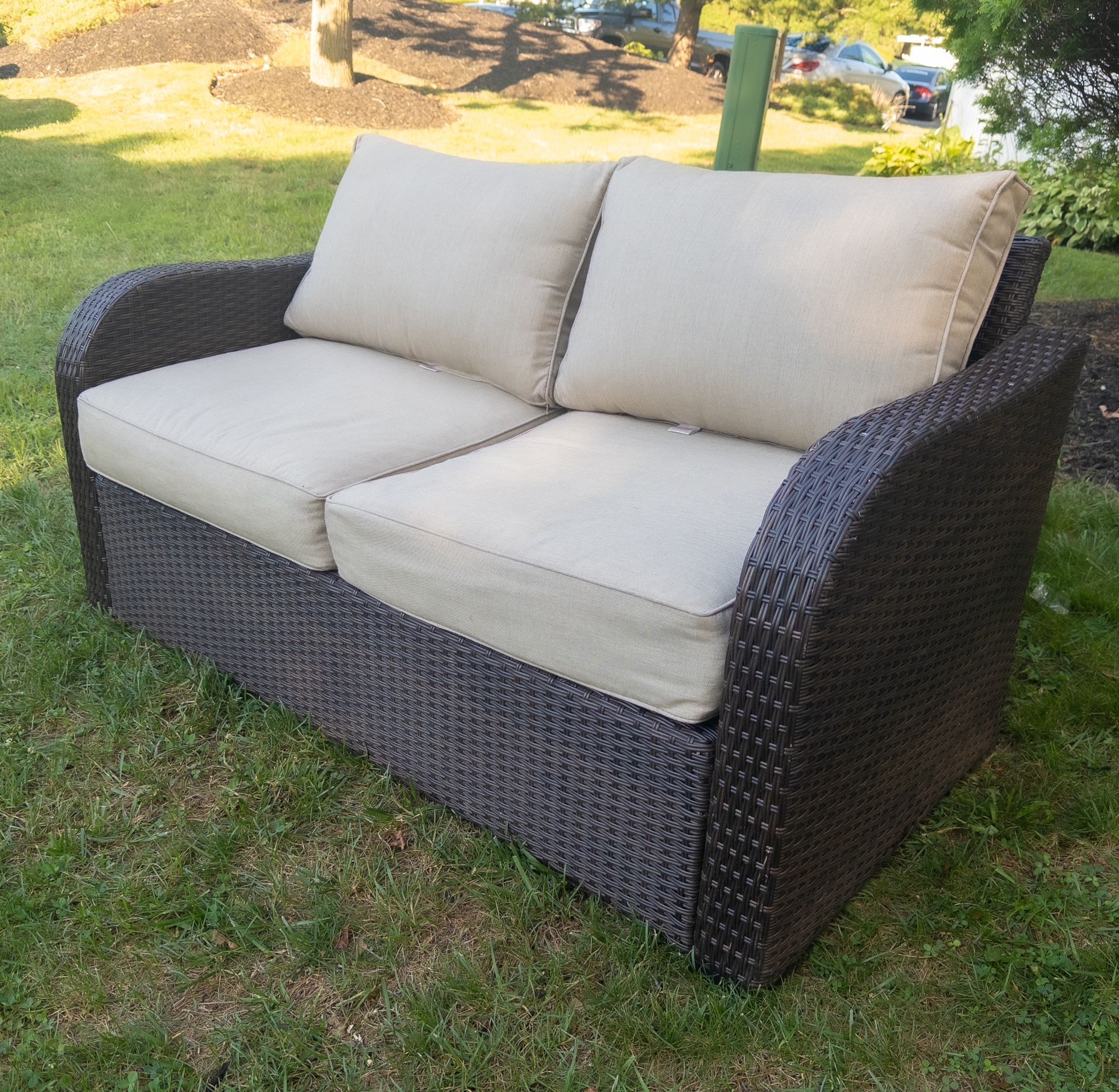 Sunbrella Wicker Patio Loveseat Cushioned Outdoor Furniture by Allen + roth