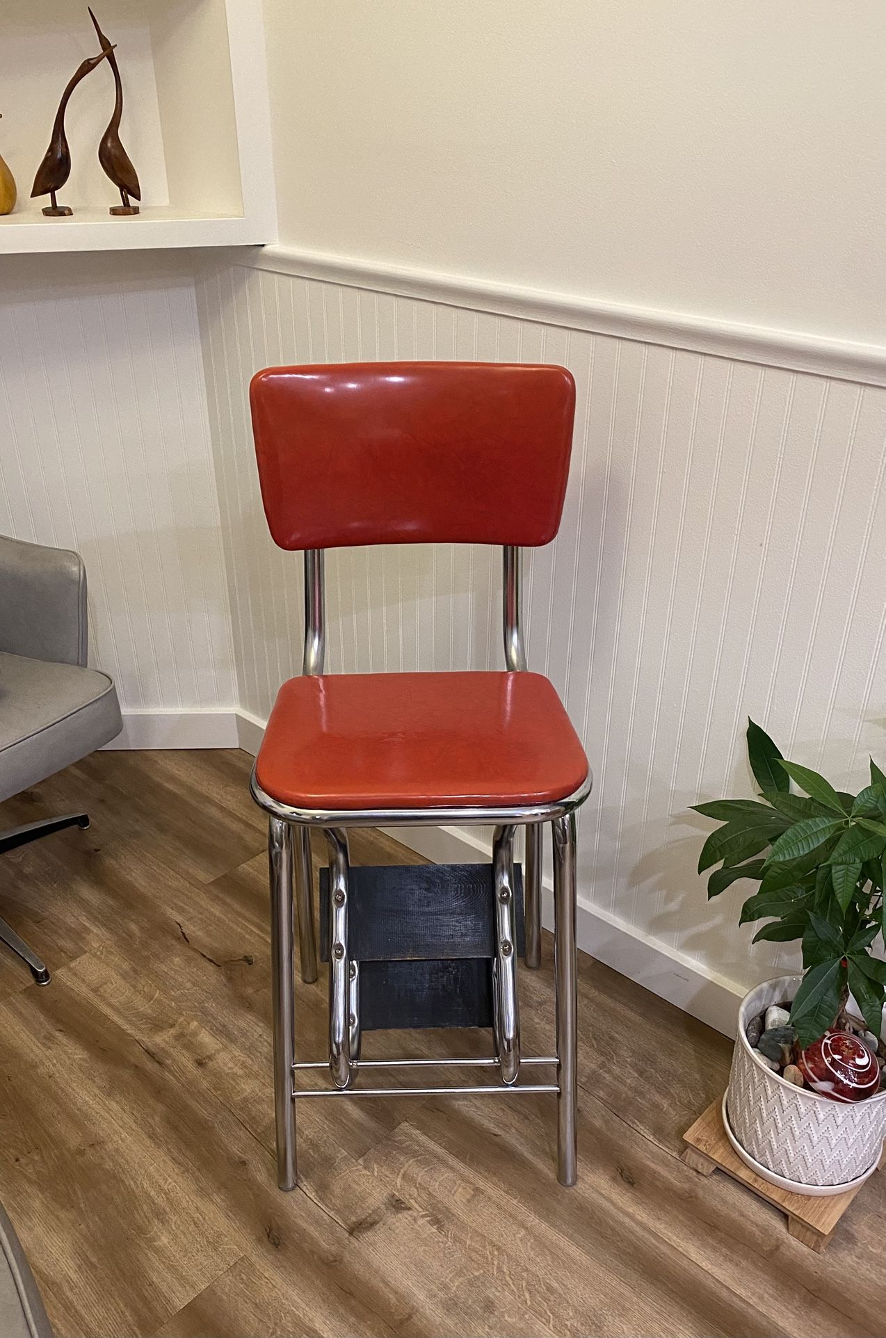 VINTAGE RED MID CENTURY MODERN KITCHEN STEP CHAIR CHROME  