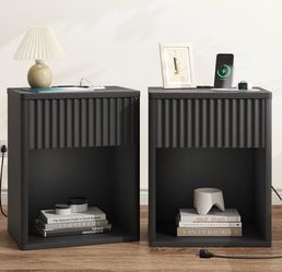 Black Nightstand Set of 2 with Charging Station