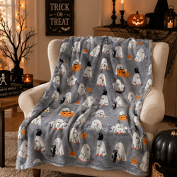 Serafina Home Oversized Halloween Throw Blanket: Baby Ghost Party on Grey Background Design on Soft Velvet Fleece Throw Blanket 50" x 70"