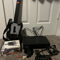 PS2 Console With Memory Card And Controller, 5 Games, And Guitar Hero Controller 