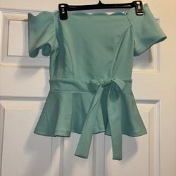 Women's Green Off-Shoulder Peplum Top with Waist Tie