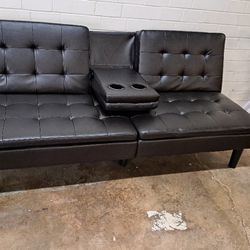  New Futon Sofa With Cup Holders Faux Leather Brown Dimensions Pictures
