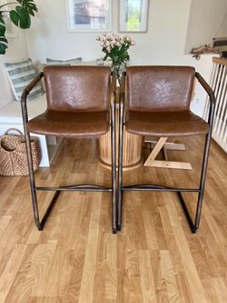 Set of 2 Indy Leather Bar Stools – Brown Faux Leather w/ Metal Frame
