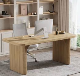 XK00669 62" Executive Desk, Large Computer Office Desk with Double Pedestal, Modern Simple Style Natural Wood Top Rectangle Writing Desk for Home Offi