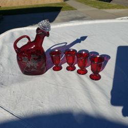 Vintage Wine Or Cognac Canter With 4 Glasses Blown Glass