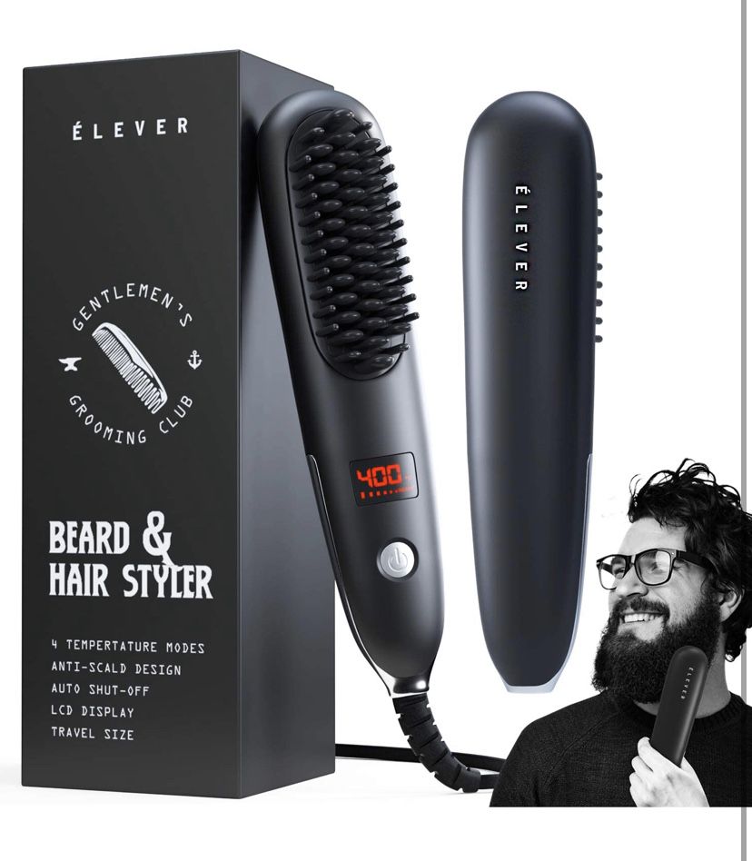 Straightener For Men - 2-1 Heated Beard Brush & Hair Straightener with BONUS pouch | Fast, Anti-fizz, Ionic Beard Comb. Powerful Beard Straightening
