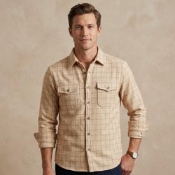EXPRESS Plaid Flannel Shirt Jacket Beige Windowpane Check M Cabincore Gorpcore