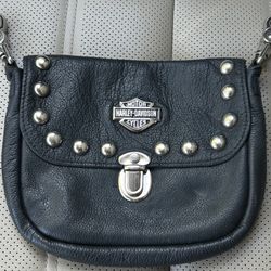 Harley Davidson black pebbled leather small satchel bag riding moto studded-VGUC