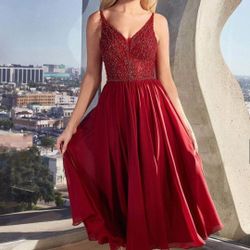 NEW TEA LENGTH A-LINE CHIFFON SLEEVELESS DRESS EMBROIDERED WITH BEADS CD0225