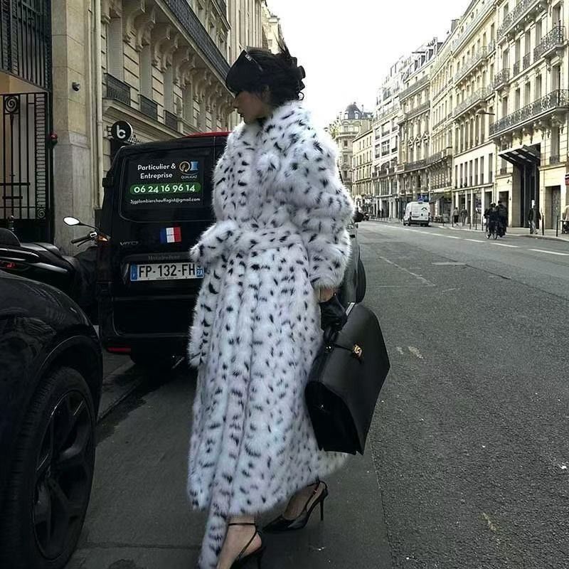 Black And White Fur Coat - Long Fur Coat - Polka Coat