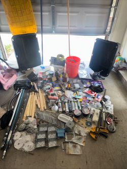 Large Contractor Mixed Lot – Paint Supplies, Screws, Anchors, Electrical Parts, Tools, Car Jacks & Storage Bins