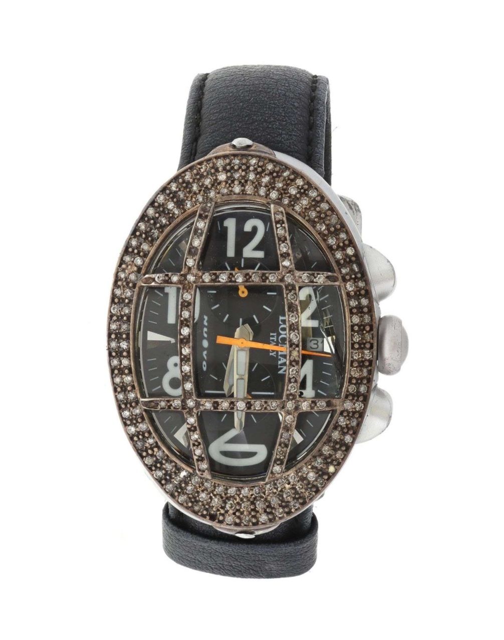 Aluminum Locman Nuovo quartz chronograph Ref 014, grill style bezel overlay with black leather strap