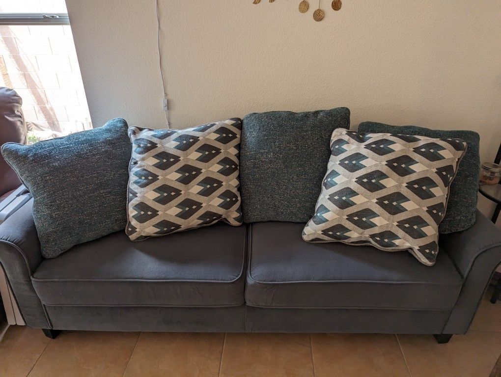 79" Blue Couch with Throw Pillows