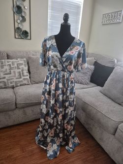 Baltic Born Sicily Blue Satin short sleeve floral wrap maxi dress.