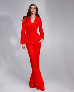 RED BELTED WIDE-LEG SUIT 3-PIECE SUIT