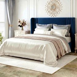 Queen Size Bed Frame, Velvet Platform Bed with Upholstered Wingback Headboard, No Box Spring Needed, Blue