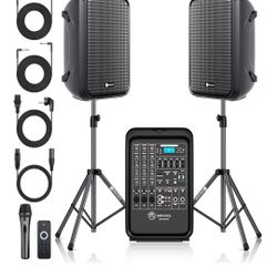 Professional Portable All-in-One 2-Way PA System Suitcase-Style Design with 8-Channel Mixer and 2X Speaker Stands,Bluetooth, Microphone, Remote Contro