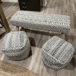Bench And Two Square Pouf Footstool 