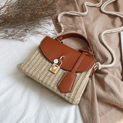 Bag straw handbag purse shoulder flower lock Camel