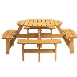 8 Person Wooden Picnic Table, Outdoor Camping Dining Table with Seat, Garden, DIY w/ 4 Built-in Benches, 2220lb Capacity - Natural