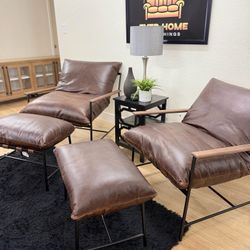 Denver Modern Vail Lounge Chair with Ottoman - Maple Brown Genuine Leather  