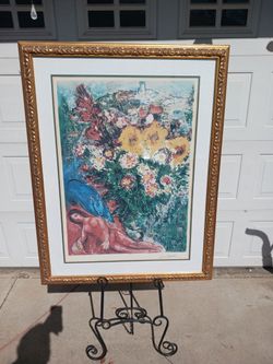 Large Vintage gold  framed Les Soucis 204/500 limited edition lithograph signed Marc Chagall with COA with a small crack in corner