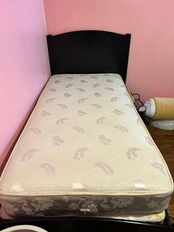 Twin bed frame, mattress, box spring.
