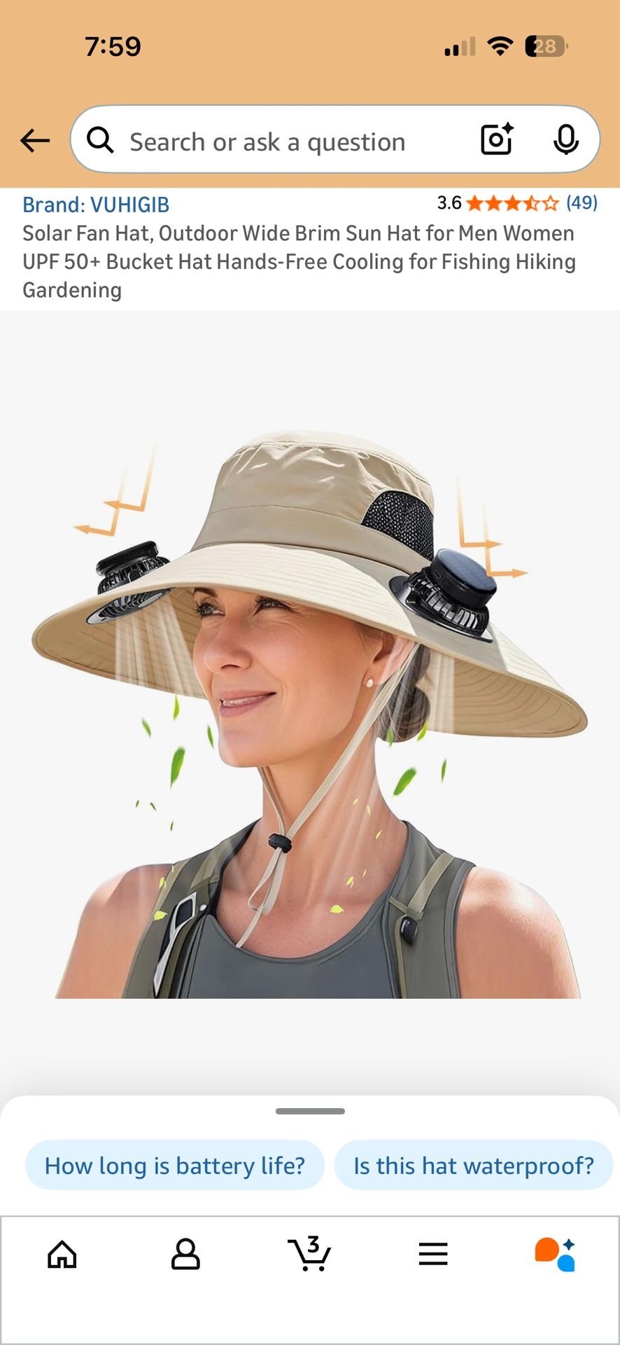 Solar Fan Hat, Outdoor Wide Brim Sun Hat for Men Women 18”