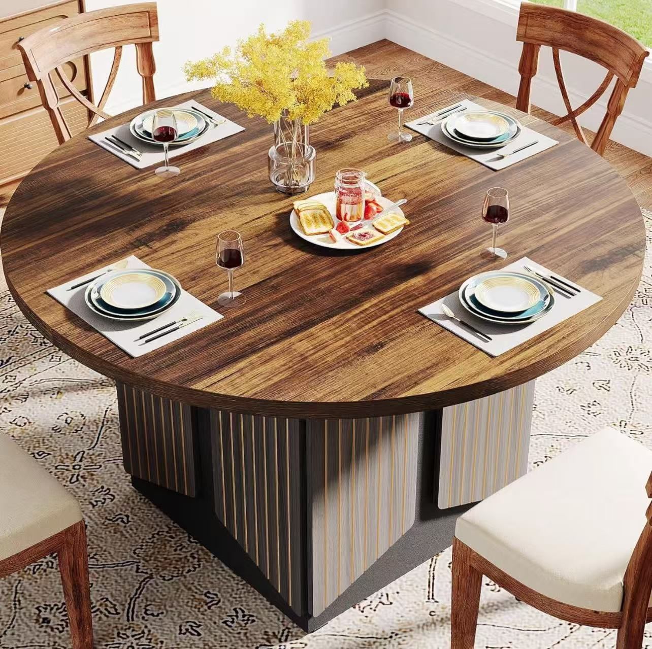 Round Dining Table for 4-6 People, 47-Inch Wood Farmhouse Circle Kitchen Table