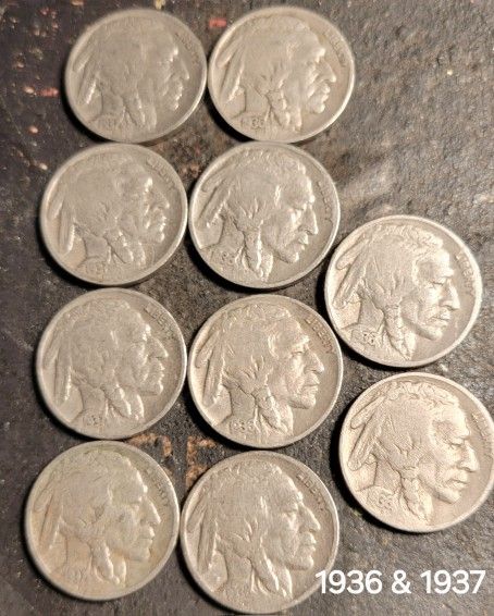 Lot of 10---1936P& 1937P Buffalo Nickels 