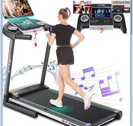 SYTIRY Treadmills for Home with TV Screen and WiFi,Smart Foldable Treadmill Machine,3D Virtual Sports Scene,HiFi Speakers,Popular APP for Social Netwo