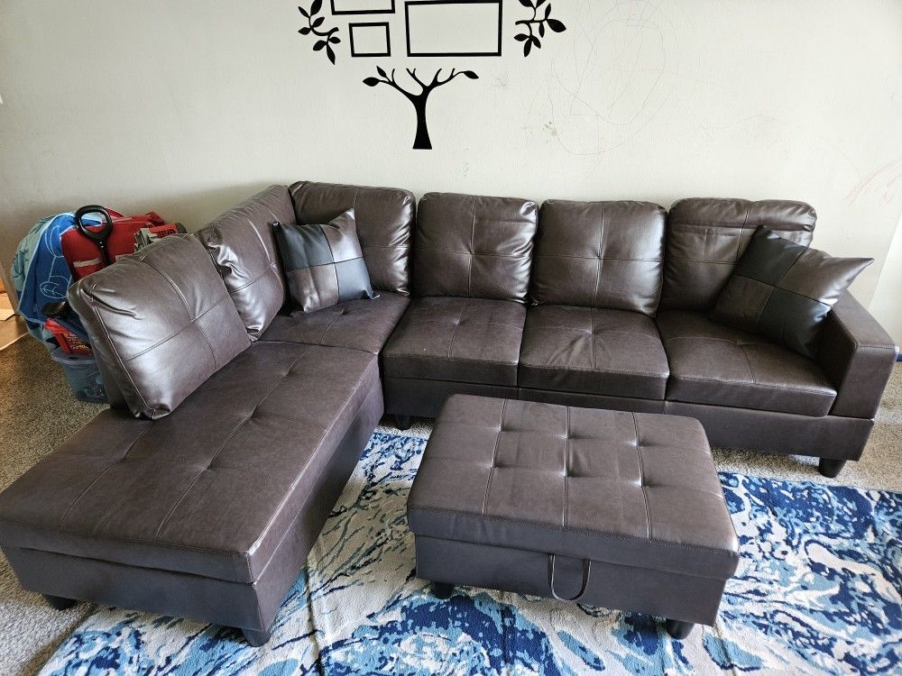 Brand New Box Espresso Leather Sectional Ottoman And Pillows