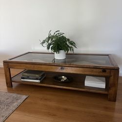 Large Oak Wood and Smoked Glass Coffee Table