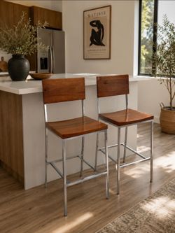 West Elm Wood & Metal  Barstools - Set of 2
