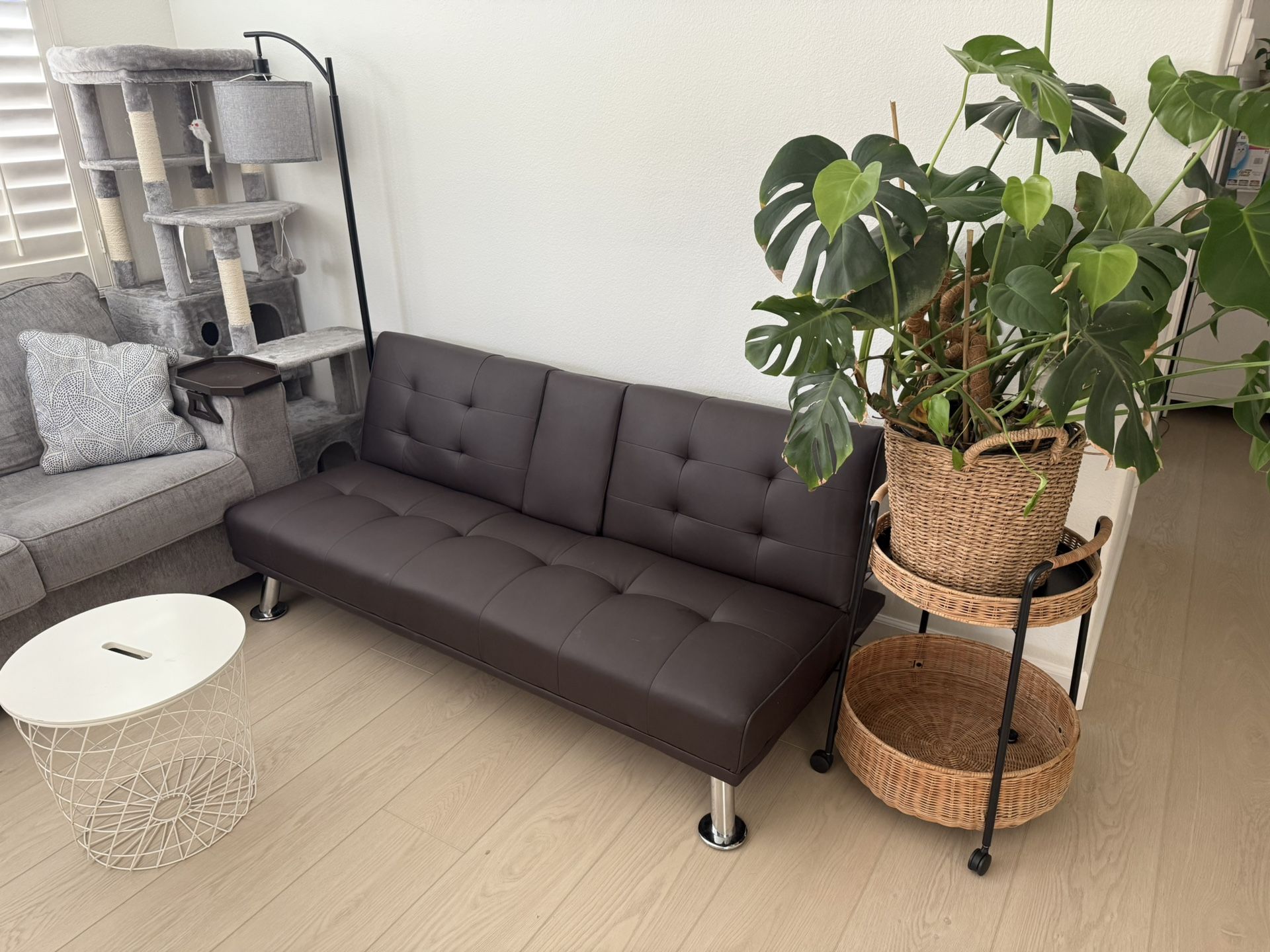 Dark Brown Faux Leather Futon Sofa Bed with Cupholders - 65"